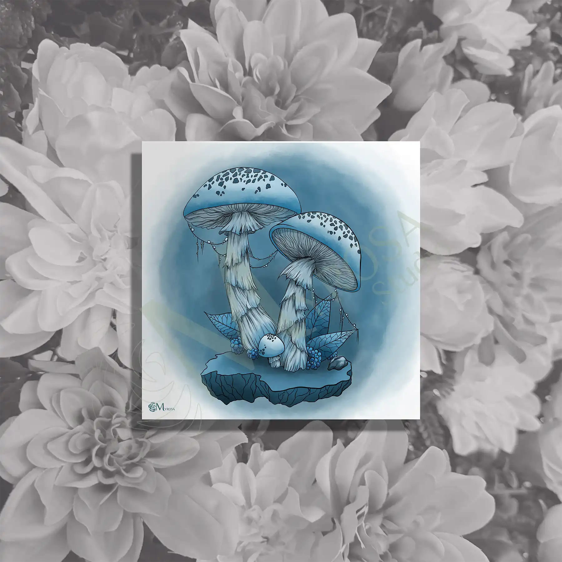 champignon monochrome bleu carree Affiche couleur – Myrosa Studio